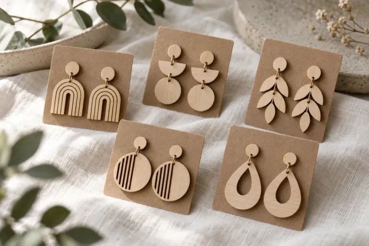 Paires de boucles d’oreilles géométriques en bois clair sur un carton