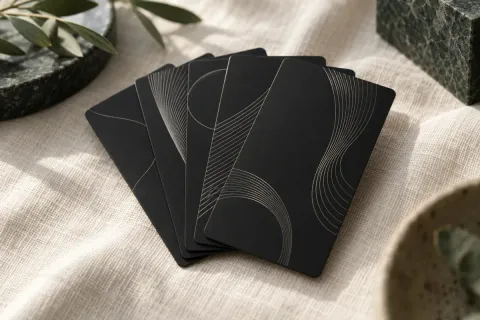 Cartes de visite en aluminium noir gravées, disposées en éventail