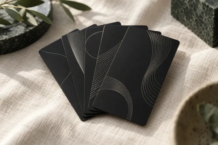 Cartes de visite en aluminium noir gravées, disposées en éventail