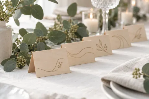 Marque-places en bois gravés de prénoms alignés sur une table de mariage