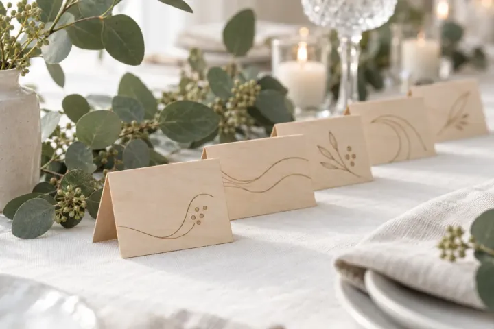 Marque-places en bois gravés de prénoms alignés sur une table de mariage