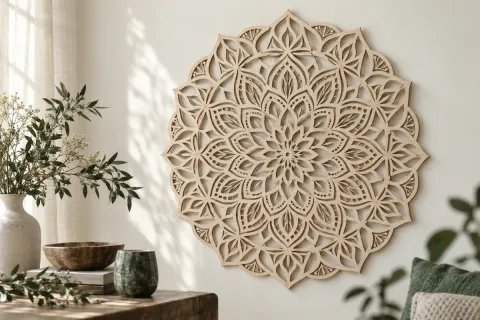 Mandala en contreplaqué découpé au laser accroché sur un mur clair