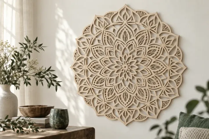 Mandala en contreplaqué découpé au laser accroché sur un mur clair