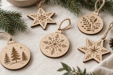 Suspensions de Noël en bois découpé et gravé, avec ficelles, sur fond clair