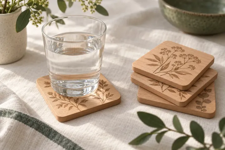 Quatre dessous de verre en hêtre gravés de motifs fins, empilés