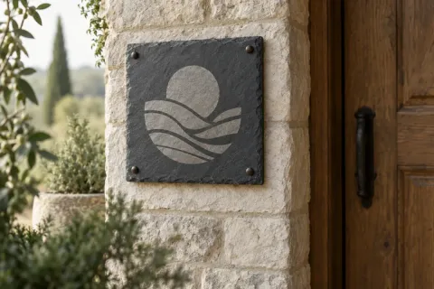 Plaque d’ardoise gravée d’un grand numéro de maison, fixée près d’une porte