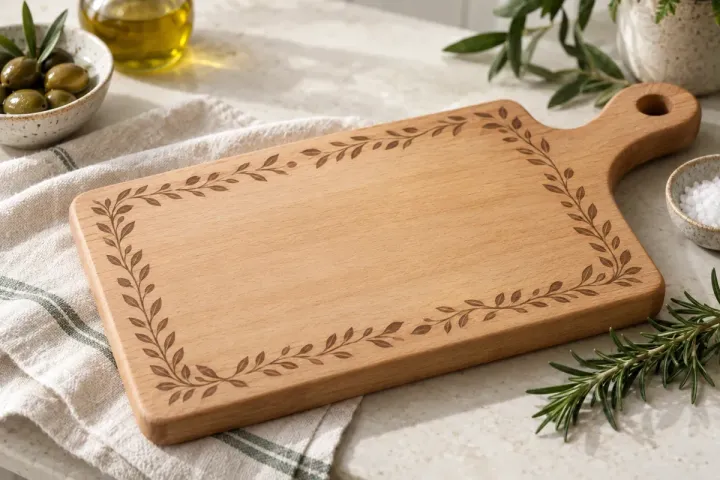 Planche à découper en hêtre gravée d’un motif végétal sur un plan de cuisine