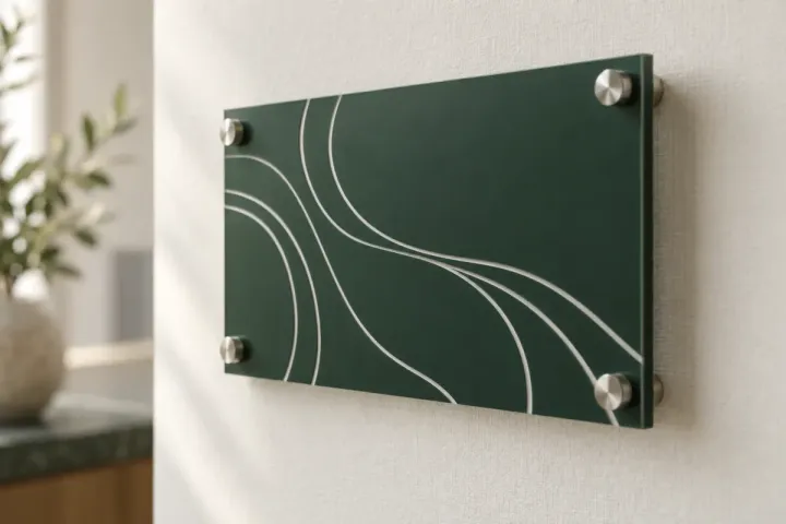 Plaque professionnelle en acrylique bicolore fixée par des entretoises sur un mur