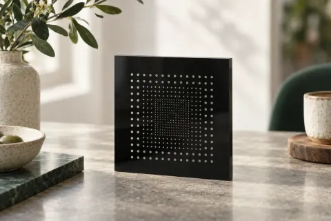 Plaque carrée en acrylique noir gravée d’un motif de code, posée sur un comptoir