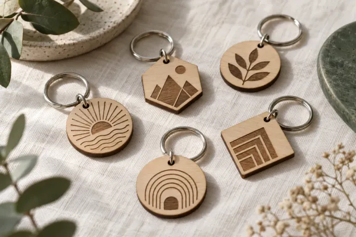 Porte-clés en bois clair gravés de prénoms, avec anneaux métalliques